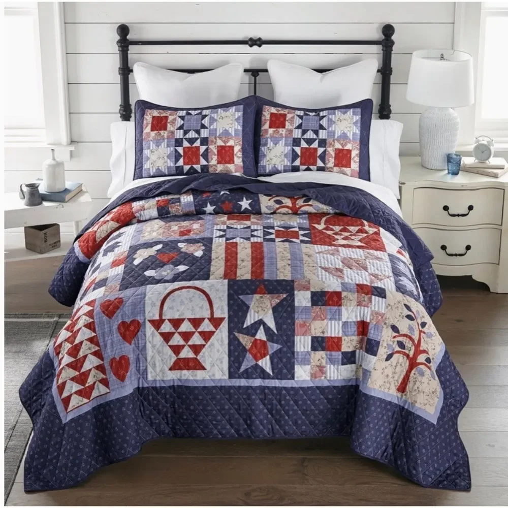 Farmhouse Cottage County Fair Printed King Size Quilt Set Patchwork Americana